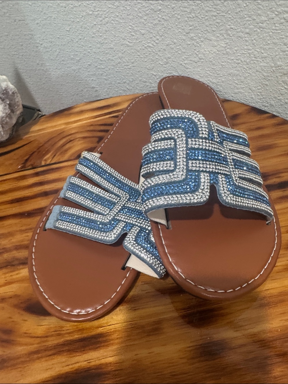 Embellished Blue Beaded Slide Sandals for Women